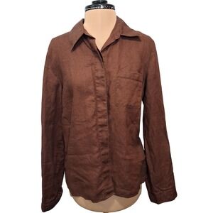 Ecologie Women Brown 100% Linen Button Down Long Sleeve Shirt Size L Roll Tab